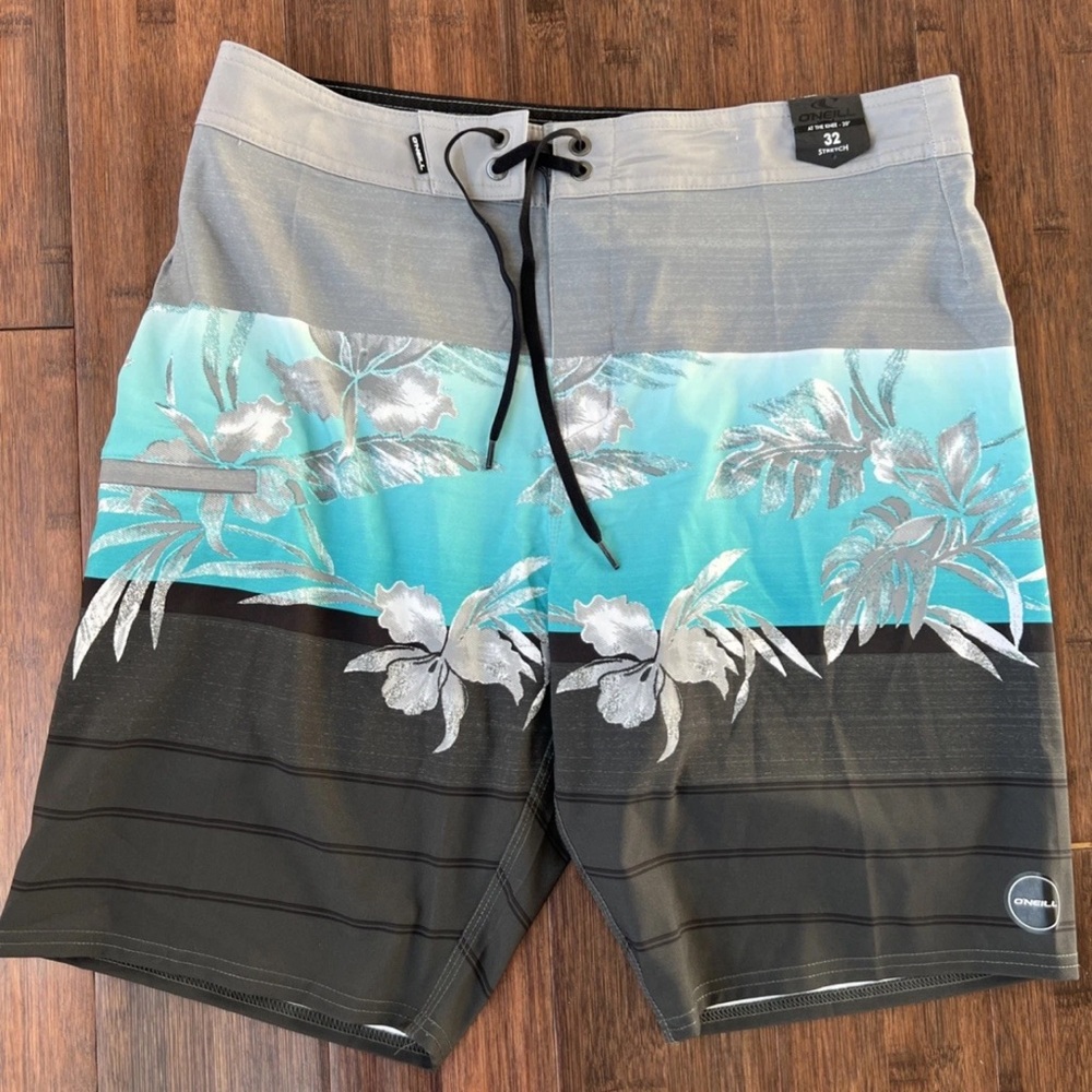 NWT O'Neill Boardshorts Mens 32 HYPERFREAK 20” To The Knee Hawaiian Blue Gray